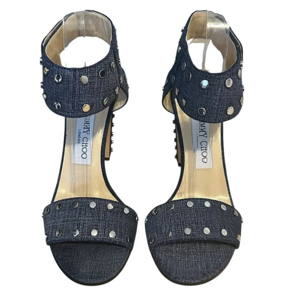 Jimmy Choo Veto 100 Blue Studded Ankle Strap High Heel Sandals 37.5 Wedding